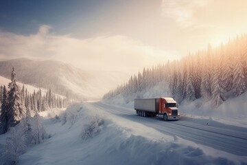 Wall Mural - truck on the highway, mountains, us, canada, majestic, winter, snow