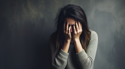 Sad, tired or anxious woman covering her face. Depression, mental health concept. Generative AI