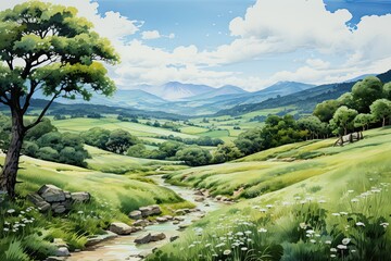 Wall Mural - Light watercolors landscapes, green hills,