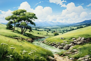 Wall Mural - Light watercolors landscapes, green hills,