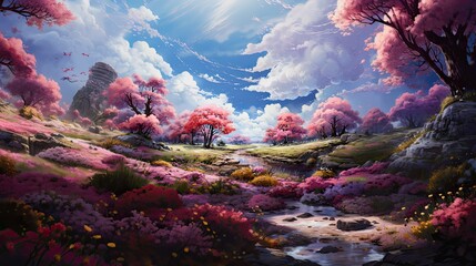 Wall Mural - Light watercolors landscapes, green hills.