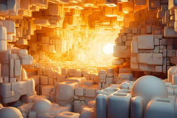 Abstract three dimensional white cube scene illuminated in orange light