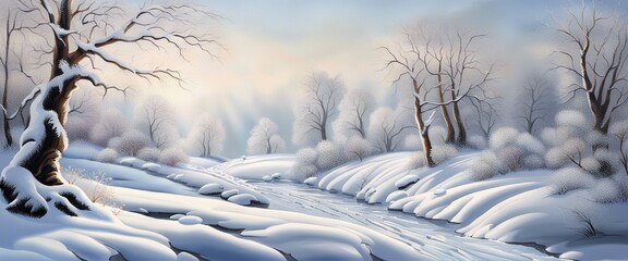 Wall Mural - Illustration landscape. Snowy background. Snowdrifts wallpaper Winter season.