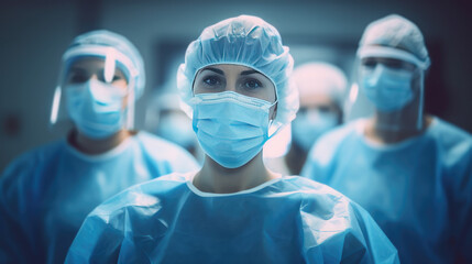 surgeon team in surgical operating room, talented surgeons wearing medical masks successfully perfor