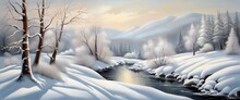 Banner Winter Snow Landscape With Snowy Trees And Fog Made With Generative