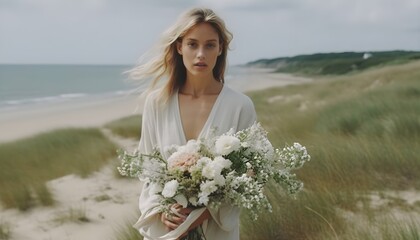 a woman holding a bouquet of flowers