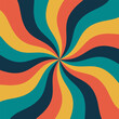70s retro wavy background. Vintage colorful sunburst backdrop. Geometric starburst summer pattern. Sun rays swirl radial lines. Psychedelic hypnotic spiral wallpaper. Twirl banner Vector illustration 