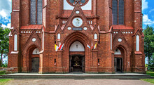 General View And Architectural Details In Close-up And Interior Of The Catholic Church Of Our Lady Of The Angels Built In 1914 In Lipsk, Podlasie, Poland.
