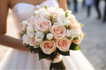 Portrait of beautiful young bride with wedding bouquet, Wedding day.