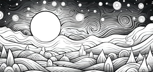 Wall Mural - black and white line art of night land scape