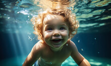 Adorable Baby Swiming Underwater. Diving Toddler