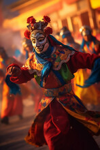 Captivating Traditional Tibetan Dance Performance With Masked Man In Traditional Attire - AI Generated
