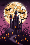 Fototapeta Big Ben - Happy halloween wide banner or party invitation orange purple blue background with violet fog clouds sky, bats, cats, castle house, tombstone and scary pumpkins. Halloween sale. Generative AI