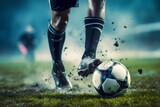 Fototapeta Sport - An action image of a soccer player kicking a soccer ball in the stadium with the aim to score a goal, The football player is ambitious to score the goal and escape from competitors