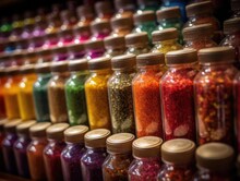 Highlight The Texture And Vibrant Colors Of The Spices. The Jars Have Handwritten Labels. A Warm Light Casts A Soft Glow On The Shelf.