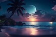 A beach at night with palm trees and a half moon in the sky.