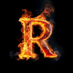 Capital letter R consisting of a flame. Burning letter R. Letter of fire flames alphabet on black background.