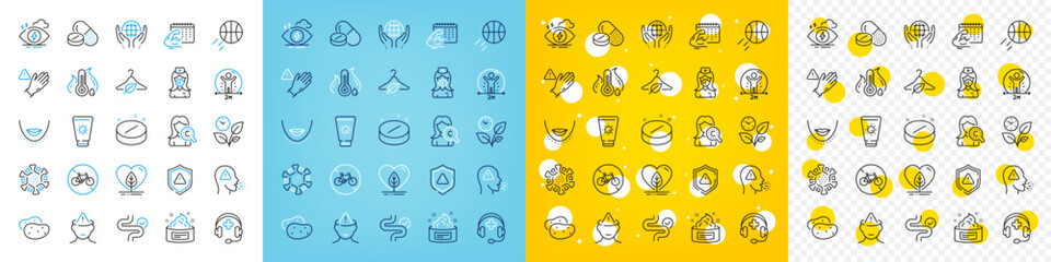 Vector icons set of Medical drugs, Organic tested and Local grown line icons pack for web with Medical support, Basketball, Bicycle prohibited outline icon. Potato, Slow fashion. Vector