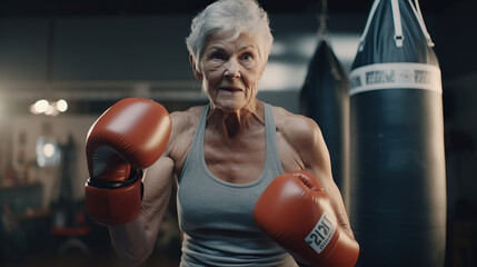 retired senior grandmother older woman with boxing gloves in indoor gym. sweaty practicing and train
