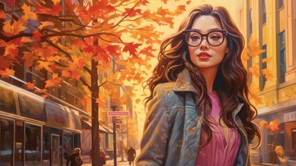 Wall Mural - woman in autumn city