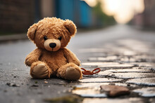 Lonely Teddy Bear On A Pathway  - Sadness And Memories Concept