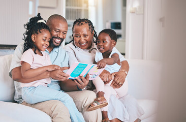 Poster - Learning, reading book and black children with grandparents on sofa in home living room. African family, storytelling and happy kids with grandma and grandpa on couch for education, study and bonding