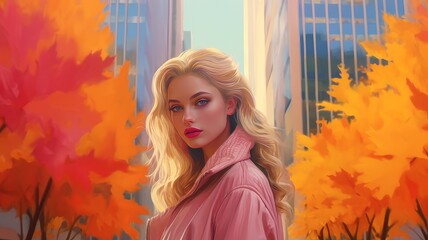 Wall Mural - woman in autumn city