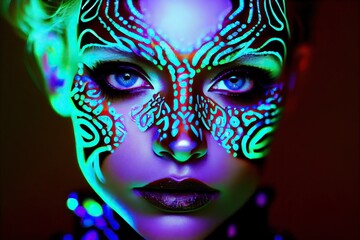 Wall Mural - a woman with fluorescent paint on her face. Generative AI Art.