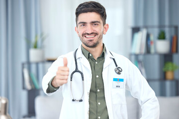 Wall Mural - Thumbs up, portrait and doctor or man in healthcare support, thank you or excellence of hospital services. Medical professional or Saudi Arabia person like, yes and ok hand or emoji in clinic success