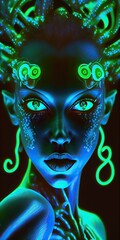 Poster - a woman with glowing face makeup. Generative AI Art.