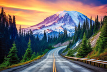Road Leading Towards Mount Rainier Or Tahoma In Cascades Range With Sunset Clouds Hovering Low In Sky.