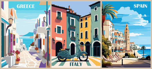 set of travel destination posters in retro style. greece, italy, spain prints. european summer vacat