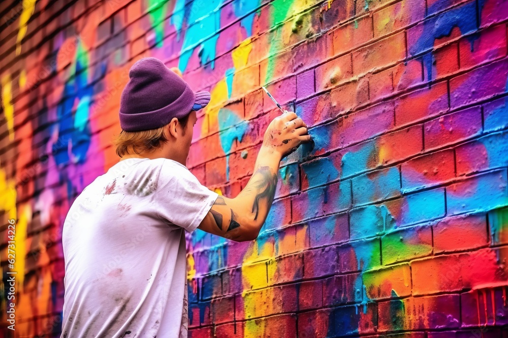 Street artist engaged in painting a vibrant, colorful mural on a brick ...