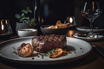 Wall Mural - Grilled Beef Steak on Plate with Restaurant Table Background