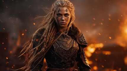 Fierce Viking warrior girl, Braided hair, untamed spirit, bravery, Battlefield on fire behind her, Generative AI.