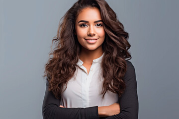 Poster - Young business woman portrait, Smiling student girl with long hair studio shot, Isolated on gray background