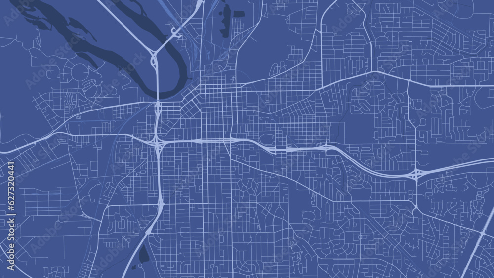 Detailed map poster of Montgomery, Alabama city, linear print map. Blue skyline urban panorama. Decorative graphic tourist map of Montgomery territory.