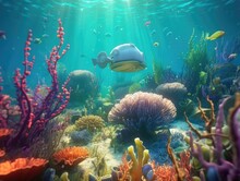 The Image Depicts A Whimsical 3D Rendering Of An Underwater Environment With Various Colorful Sea Creatures In A Playful And Curious Manner, Inspired By Soft Pop Art.