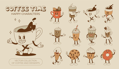 collection cute cartoon characters of coffee takeaway and pastries donut, chocolate chip cookie, ice