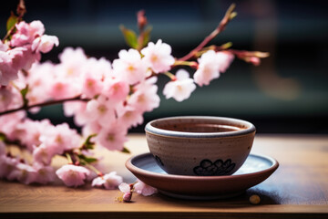 A cup of Chinese tea with spring flower cherry blossom