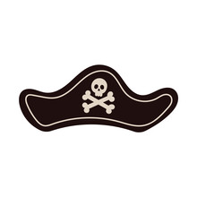 Black Pirate Hat With Skull And Crossbones. Hand Drawn Cartoon Vector Illustration Isolated On White Background