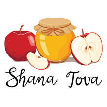 Rosh Hashanah Greeting Card Design With Hand Drawing Simbols Of Jewish New Year Apple And Honey. Vector Illustration