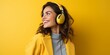 © avrezn - joyful woman with headset on yellow background, Generative AI