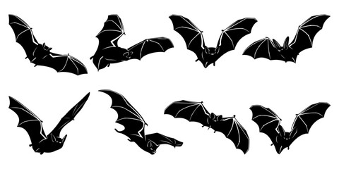 bats silhouettes set. isolated stencil vector cliparts.