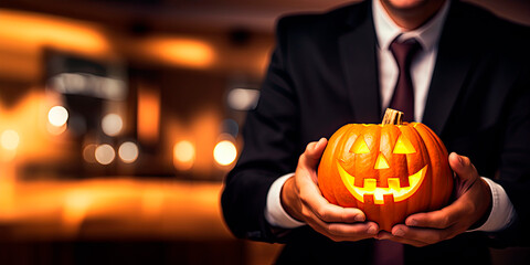 Businessman showing a pumpkin in the holiday halloween