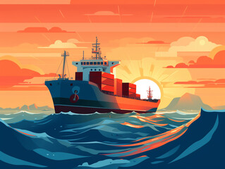 Wall Mural - Illustration of a cargo ship sailing the ocean. These ships send merchandise all over the world in large quantities by ocean route.