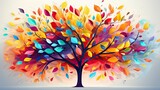 Fototapeta Perspektywa 3d - Elegant colorful tree with vibrant leaves hanging branches illustration background. Bright color 3d abstraction wallpaper for interior mural painting wall art decor. Ai