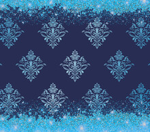 Damask Luxury Blue Pattern With A Glitter Border. Luxury Royal Wallpaper Floral Background.