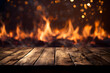 © ITrWorks - Empty Wooden Table with Fire Accents for Spicy Delights Food display