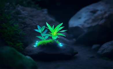 Wall Mural - Neon green plant growing on the rock, Generative AI Illustration.